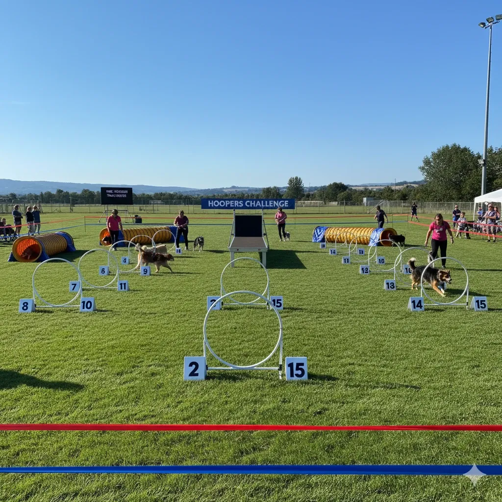 Un Golden Retriever attraversa un hoop in un campo di Hoopers a Roma, mostrando concentrazione e fluidità.