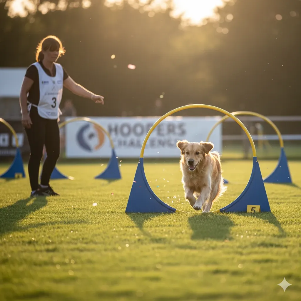 Un cane anziano attraversa un hoop con calma e serenità, simbolo dell’Hoopers terapeutico.